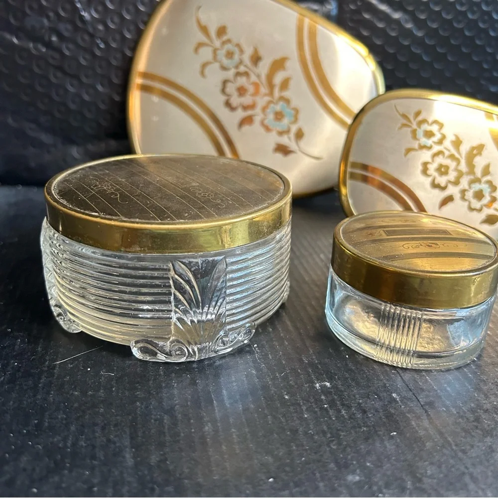 Vintage Vanity 5pc Dressing Table Set Mirror Brush Comb 2 Jars: Gold, Floral